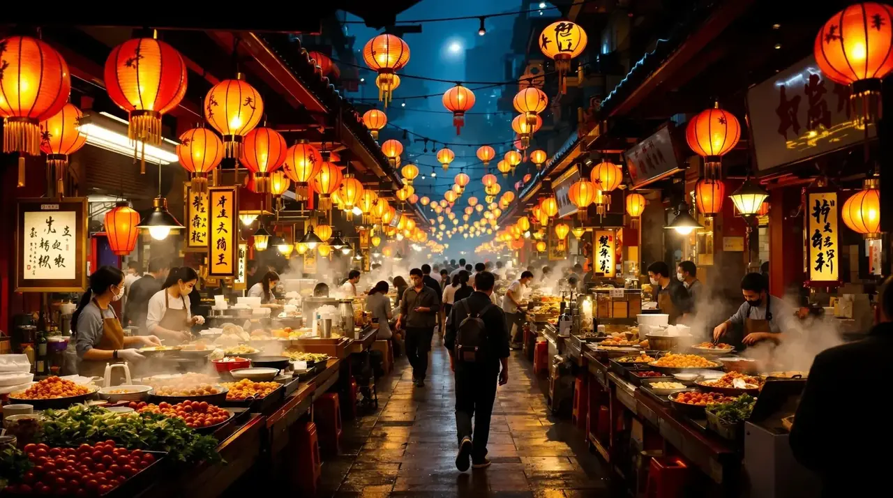日韩毛片夜市影视摊位场景